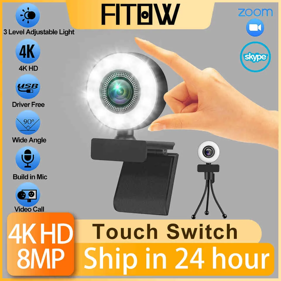 Taida 1080p 2k 4k hd cam com anel preenchimento luz laptop pc computador transmitido video câmera de vídeo microfone web cam