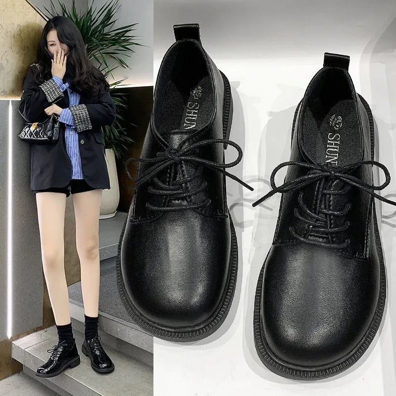 Frühling Herbst Frauen Oxford Schuhe Schwarz Lace Up Patent Leder Casual Schuhe Runde Kappe Lolita Schuh Frau Wohnungen mujer 8905N