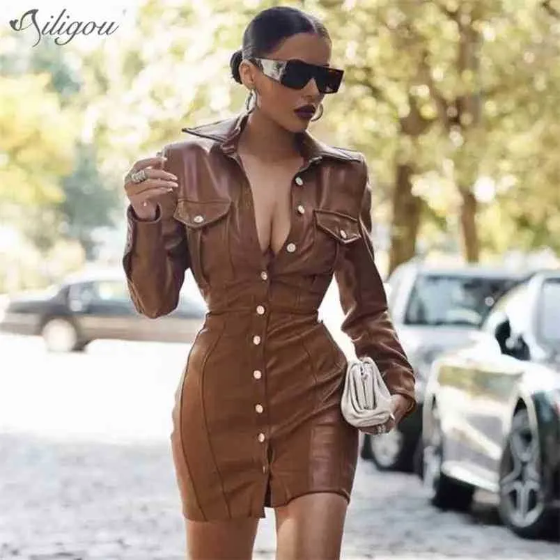 Brown PU Cuir Mini Robe Moulante Dames À Manches Longues Boutons De Revers Élégant Dos Nu Hiver Sexy Party 210525