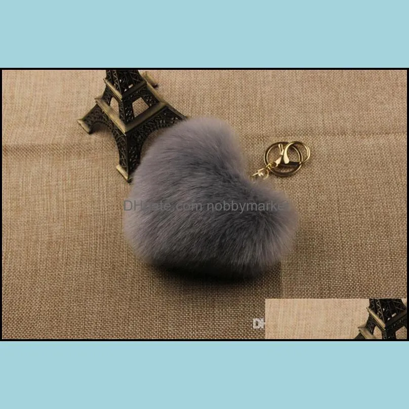 New Fashion Faux Rex Rabbit Fur Pom Pom Heart Key Chain Woman Bag Charms Man Trinket Car Keychain Women Key Ring Jewelry Keyring