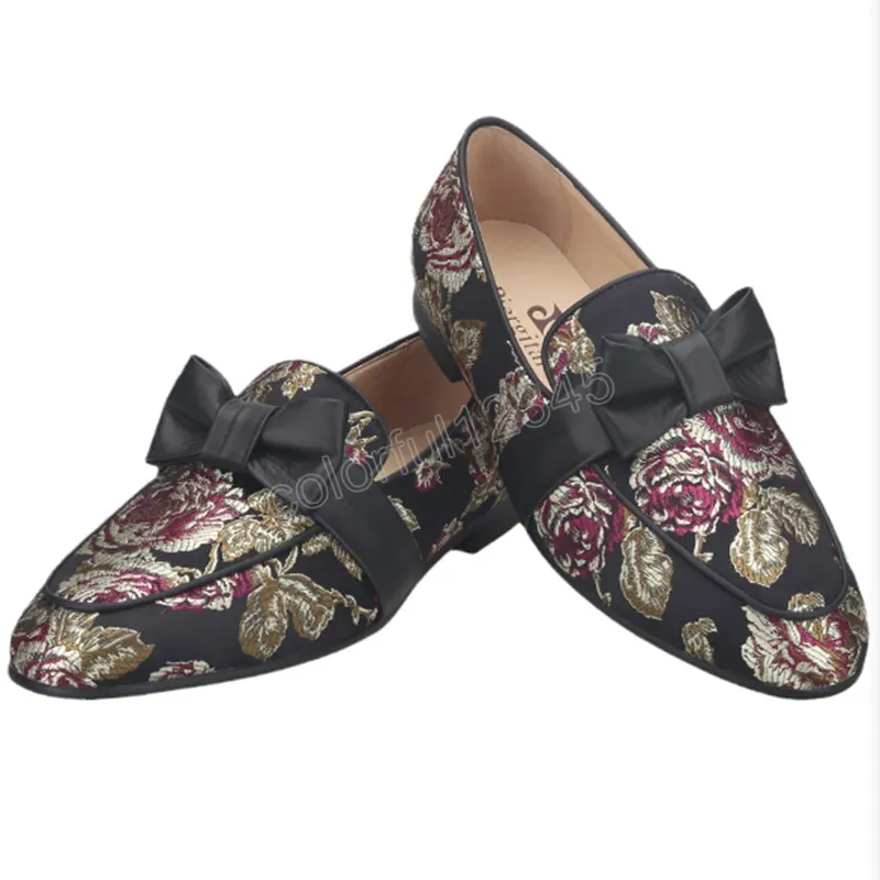 Floral Printed Silk Dress Shoes Men Moccasin Handmade Leather Butterfly-Knot Men's Loafers Plus Size Man Flat Shoes