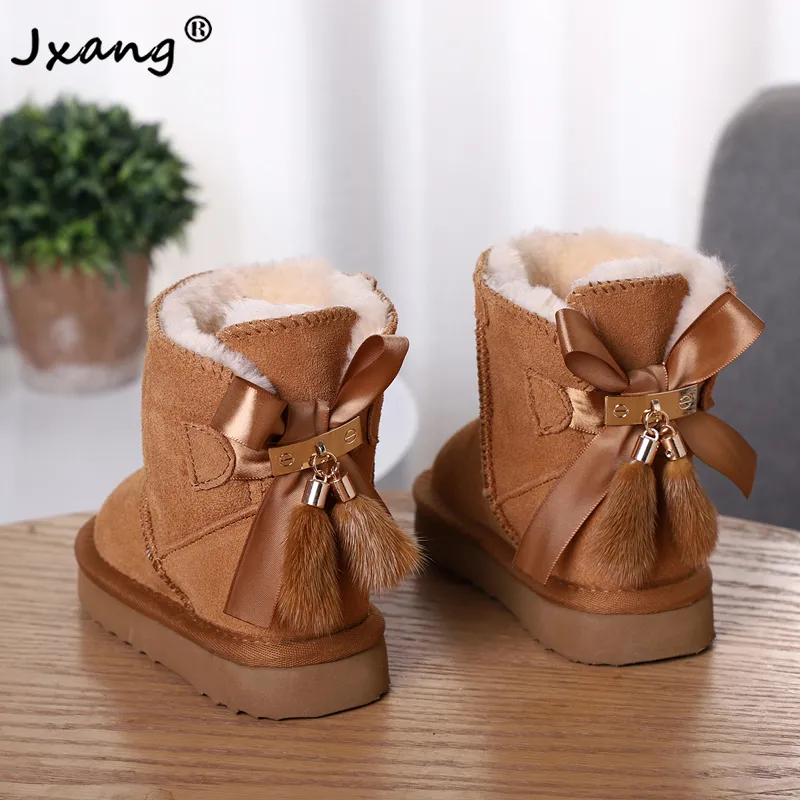 JXANG الأسترالي جلد طبيعي أزياء الفتيات الشتاء الثلوج أحذية للأطفال الدافئة الشتاء أحذية الأطفال قلادة شرابة الغسق الأحذية 210315