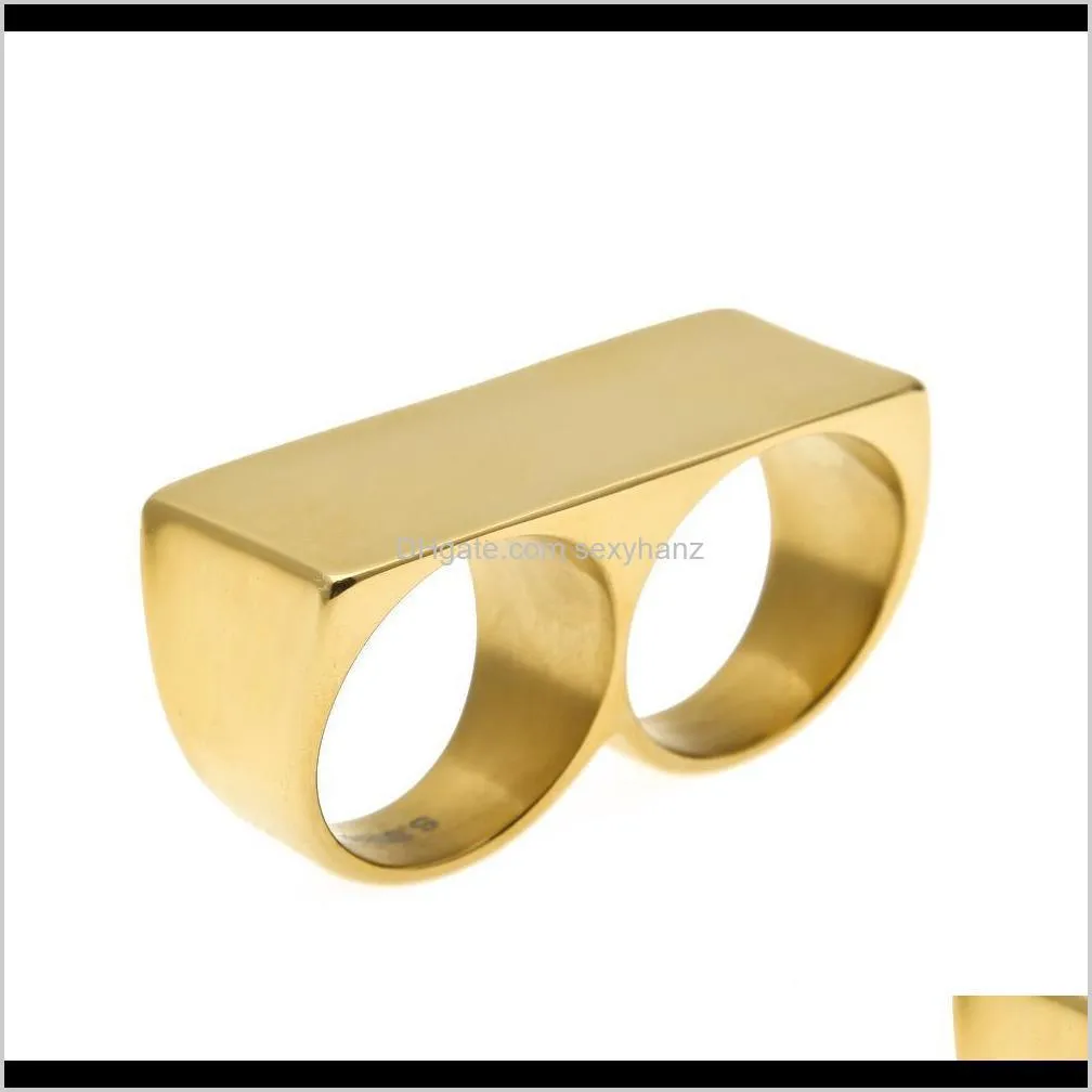 Band Mens Two Fingers Double Boys Gold-Color 316L Stainless Steel Metal Ring Hiphop Punk Style Jewelry Rings Drop Delivery 2021 A1Kye