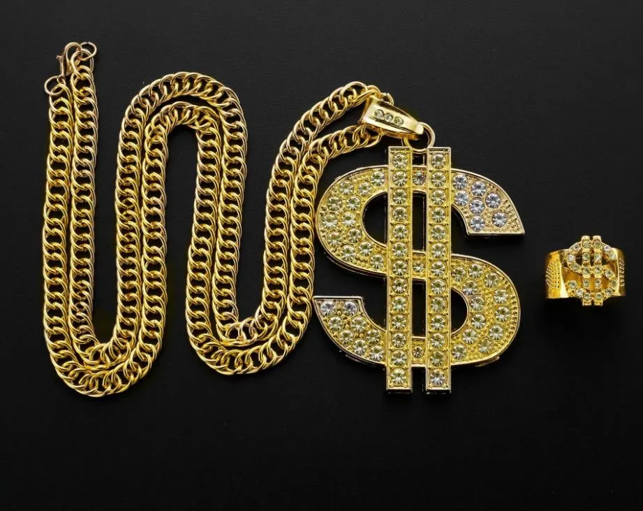 Chaîne de collier en or avec décoration de fête signe dollar 18K plaqué pendentif en cristal hip hop pour hommes 30 pouces