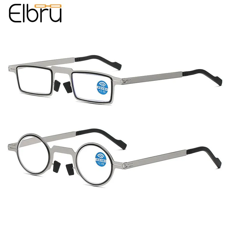 サングラスElbruレトロなファッション反青のライト読書メガネ超軽量メタルラウンドスクエアフレームPresbyopia眼鏡ディジプター+ 1.0 + 4.0