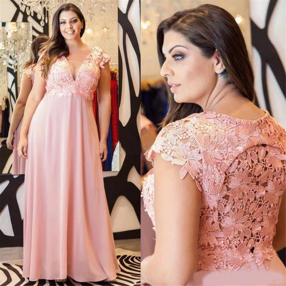 Stylowa Koronka Plus Size Prom Dresses Deep V-Neck Zroszony Linia Suknie Wieczorowe Tanie Długość podłogi Imperium Talii Szyfonowa Sukienka Formalna 2022