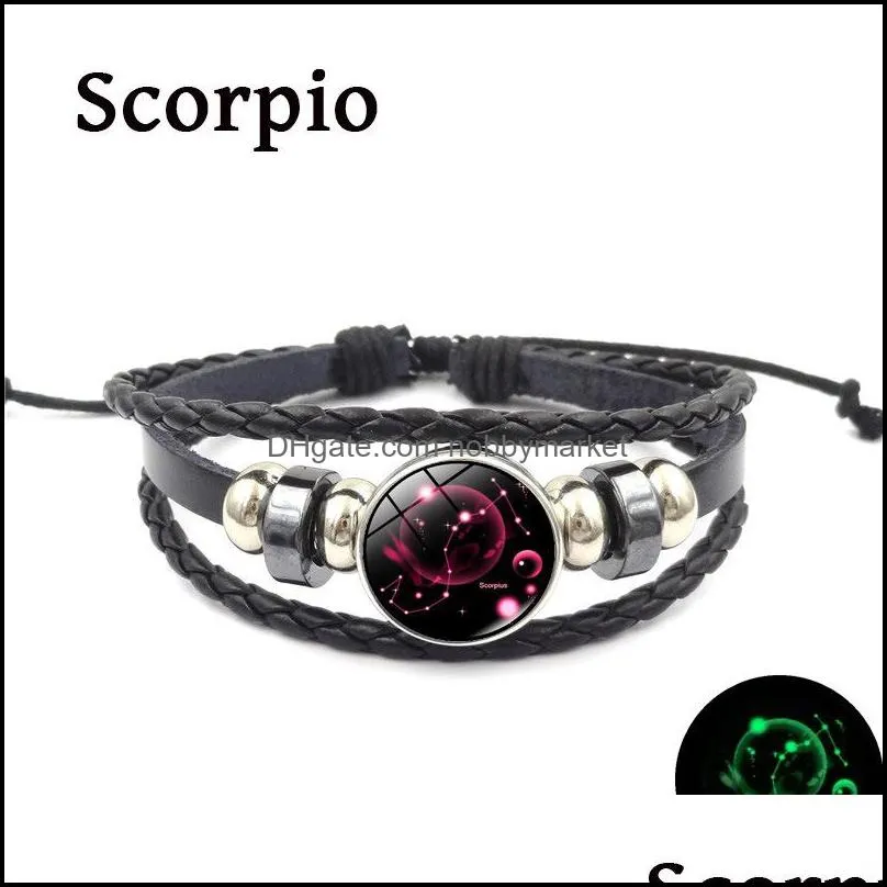 Glow in the Dark 12 zodiac Sign Leather bracelet 18MM ginger snap button charm For women Men Fashion Jewelry