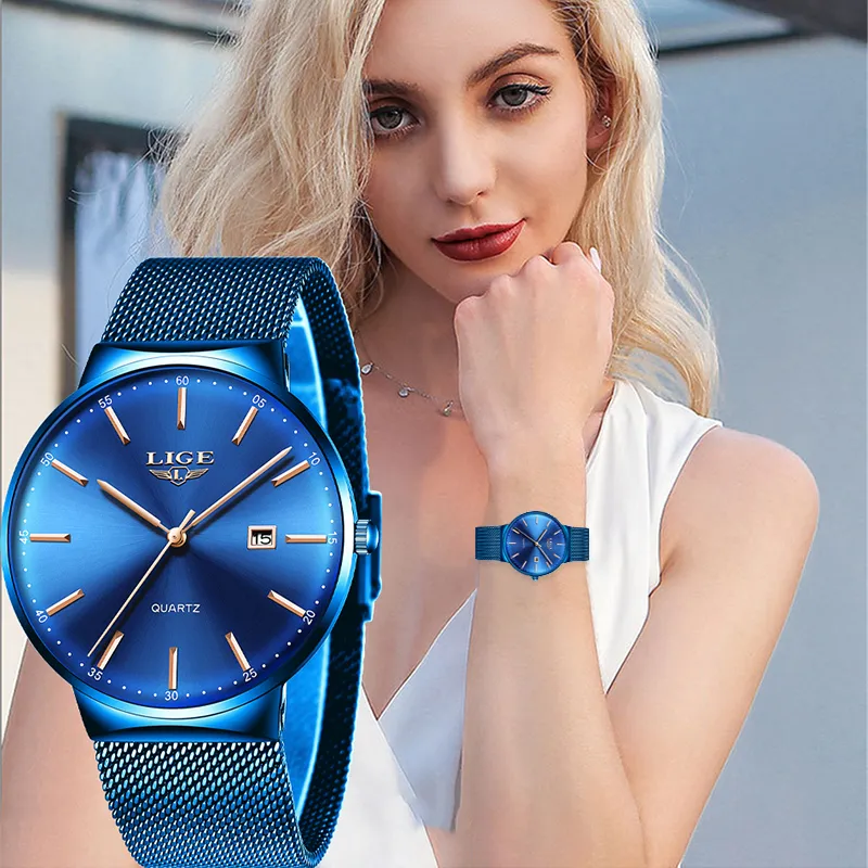 Lige Womens 시계 탑 브랜드 럭셔리 아날로그 쿼츠 시계 여성 풀 블루 메쉬 스테인레스 스틸 날짜 시계 패션 울트라 씬 다이얼 210310