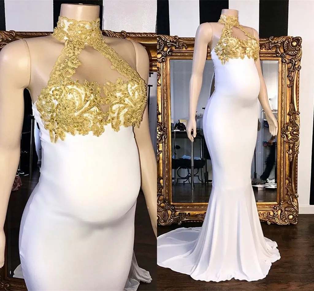 2021 Białe złote kobiety w ciąży sukienki wieczorowe Wysoka szyja z koraliki elastyczne satynowe satynowe impreza z back Formal Sunie