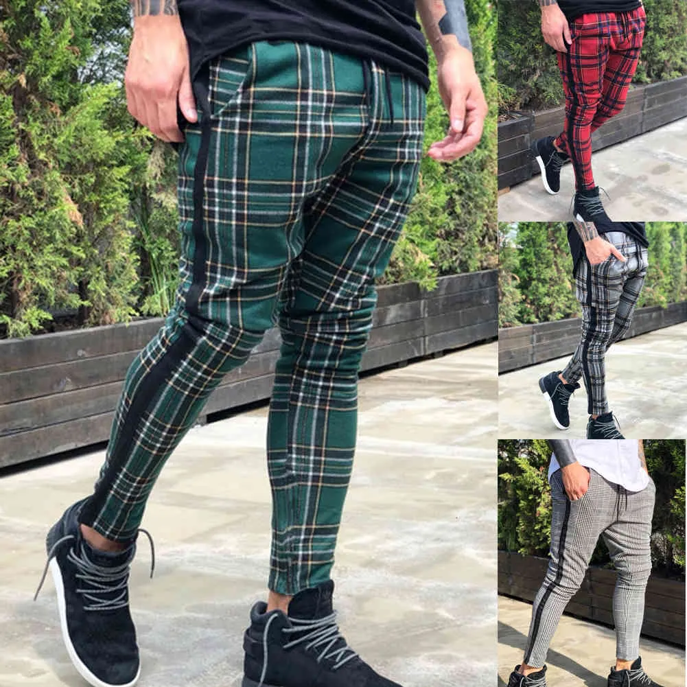 Men Trousers Pants Fitness Workout Joggers Plaid Sweatpants Red Slim Fit Long Pants With Pockets Size M-3XL