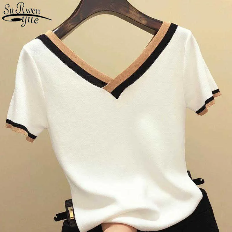 Camisa de manga corta con cuello en V para Mujer, Tops de verano de punto a rayas de Color contrastante, ropa coreana para Mujer, Camisetas para Mujer 13362 210527