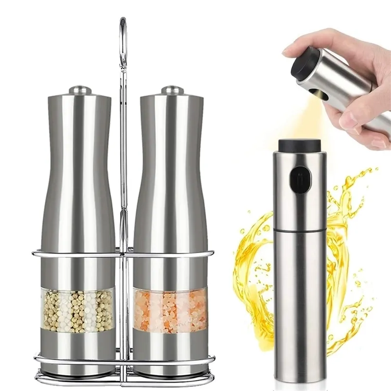 Electric Pepper Mill Rostfritt stål Salt Shaker Grinder Set med metallstativ och oljesprayer Köksverktyg Spice 220311