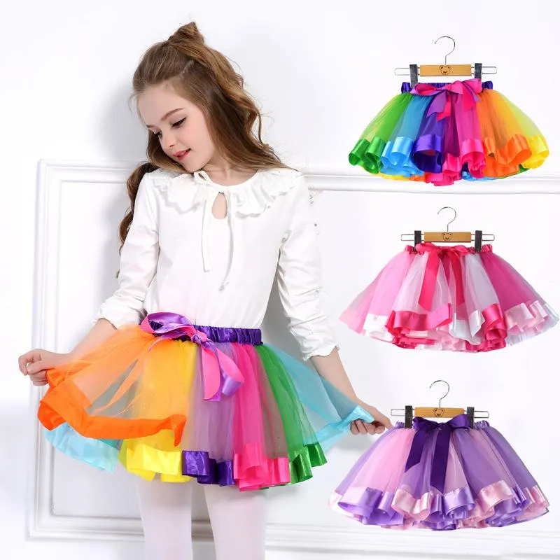 Ins New Fashions 12 Cores Novos Crianças Meninas Rainbow Tutu Vestidos Lened Lace Princess Skirt Pettiskirt Ruffle Ballet Dancewear Skirt