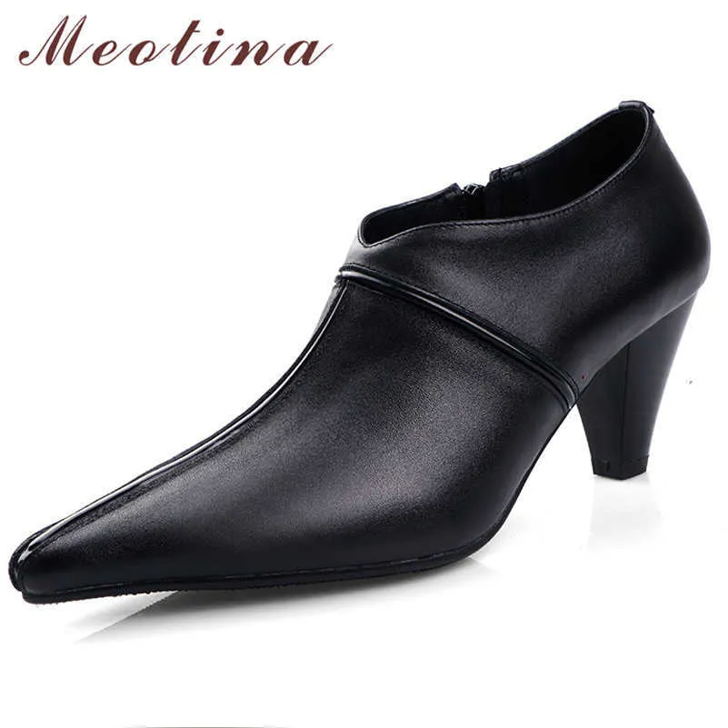Meotina High Heels Women Shoes Natural Genuine Leather Zipper Spike Heels Shoes Cow Leather Pointed Toe Pumps Lady Big Size 4-10 210608