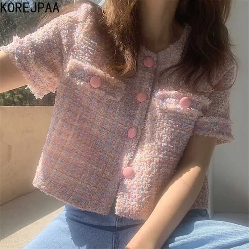 Korejpaa Frauen Jacken Sommer Korea Chic Damen Französisch Retro Rundhals Rohe Kanten Design Lose Taschen Tweed Kurze Jacke 211025