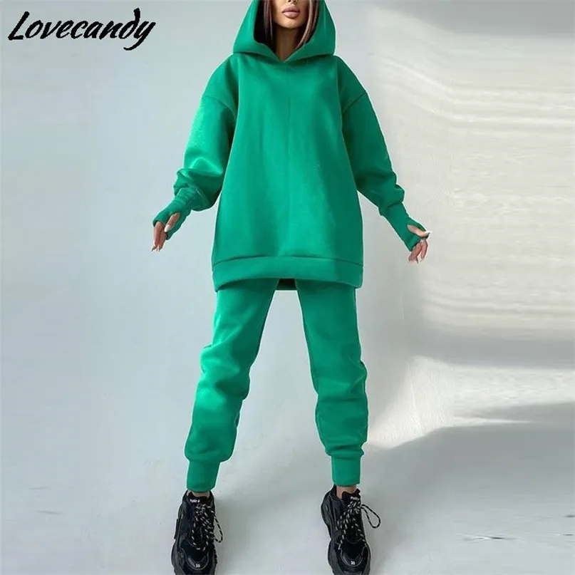 Jesienne kobiety polarowe dres z kapturem dwuczęściowy zestaw kobiet swobodnych dużych bluzy jogger spodni Zestawy Lady Sportswear Suit 211101