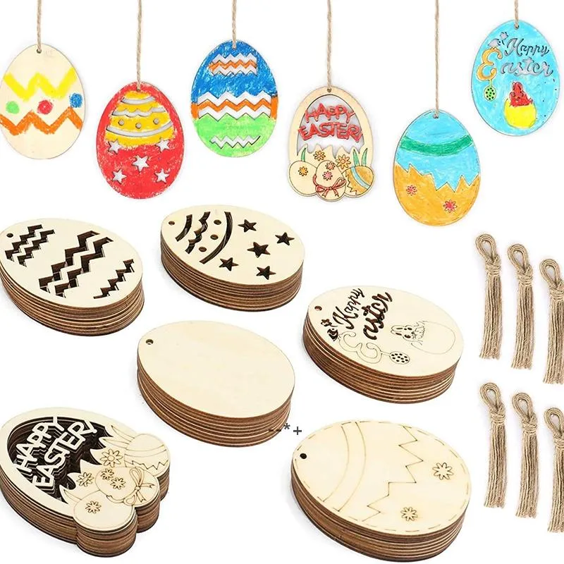 NEW6PCS/Lot Mixed Hollow Easter Eggs Decoration Wooden Pendant Hanging Ornament Hand Coloring Scrapbook Embellishments CCB12111