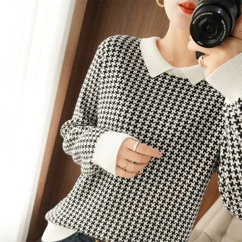 Suéter de algodón puro Mujer Houndstooth Casual Prendas de punto Cuello de muñeca Jersey Plus Tamaño Top de mujer 211011