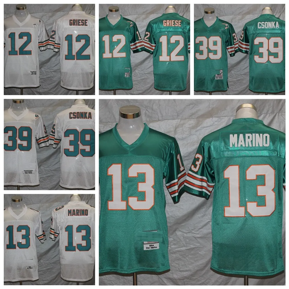 Mens 빈티지 축구 유니폼 12 Bob Griese 13 Dan Marino 39 Larry Csonka 레트로 저지 스티치 이름 청록색 셔츠 M-XXXL