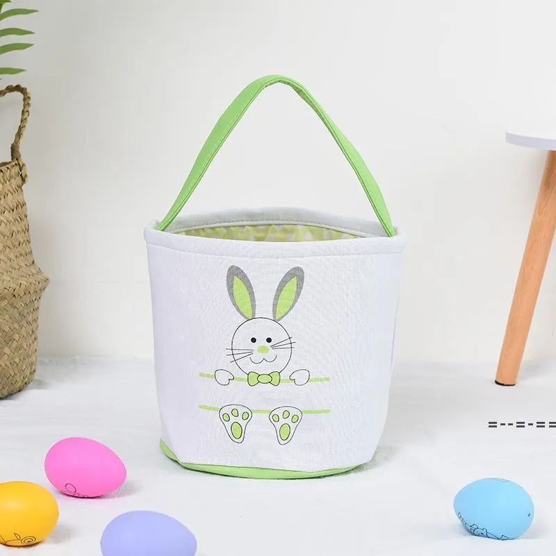 Easter Party Bunny Basket Egg Bags for Kids Canvas Cotton Coniglio Stampa Secchi con soffice coda Regali Borsa per Pasqua LLE11547