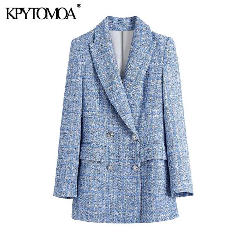 KPYTOMOA Moda Donna Doppio Petto Tweed Check Blazer Cappotto Vintage Tasche a maniche lunghe Capispalla femminile Chic Veste 211006