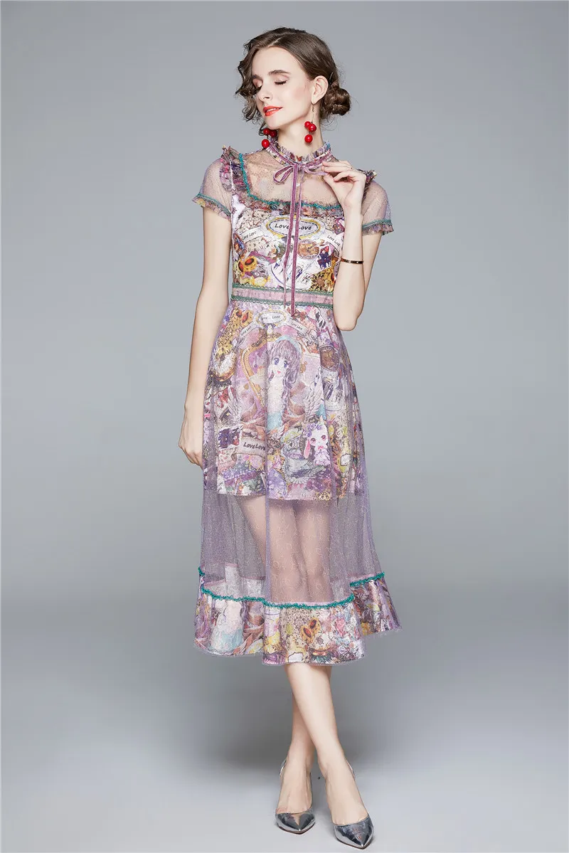 ファッションデザイナー女性のドレス女性夏の紫色のエレガントなセクシーなメッシュプリントドレス女性の高品質の結婚式のパーティードレスvestido 210525