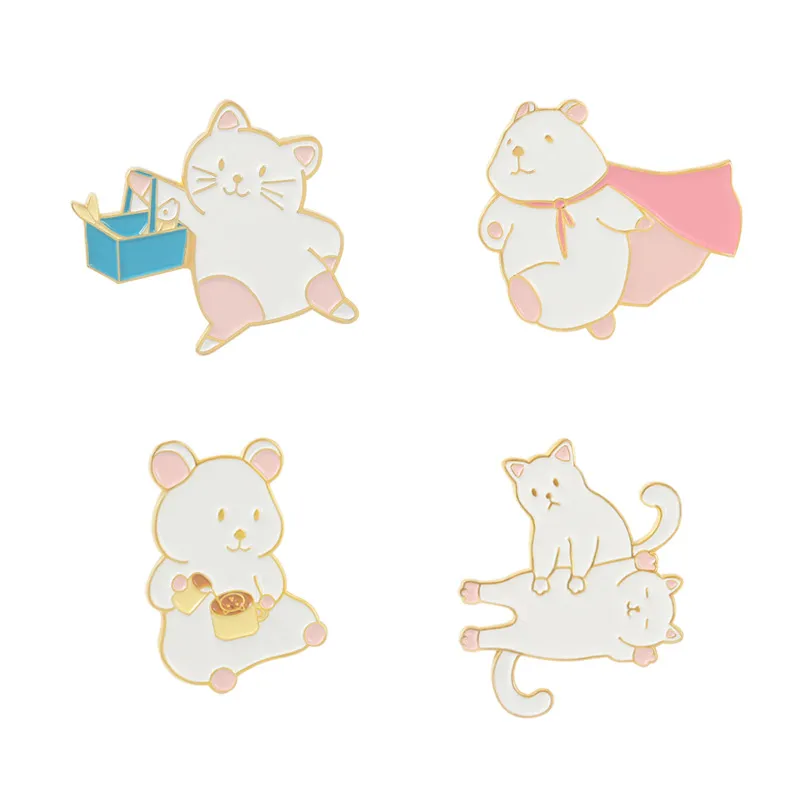 Cute White Cat Cartoon Zwierząt Broszki Pin Dla Kobiet Moda Sukienka Płaszcz Koszula Demin Metal Śmieszne Broszki Pins Odznaki Plecak Prezent Biżuteria