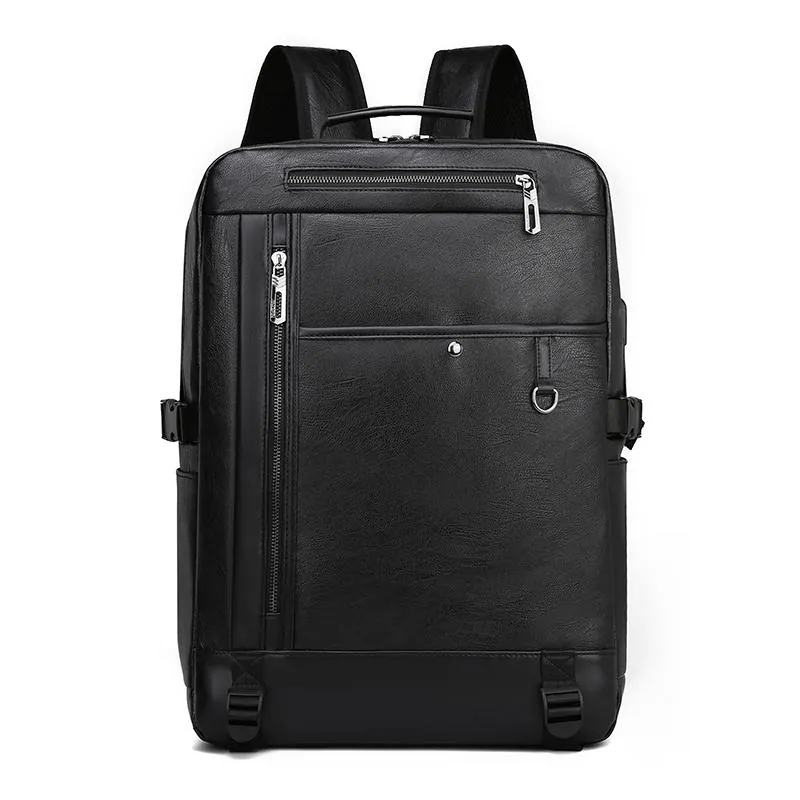 Backpack Men Luxury Male Fashion Retro Travel Bag Water-repellent Multifunctional PU Leather 15.6-inch Laptop USB Charging