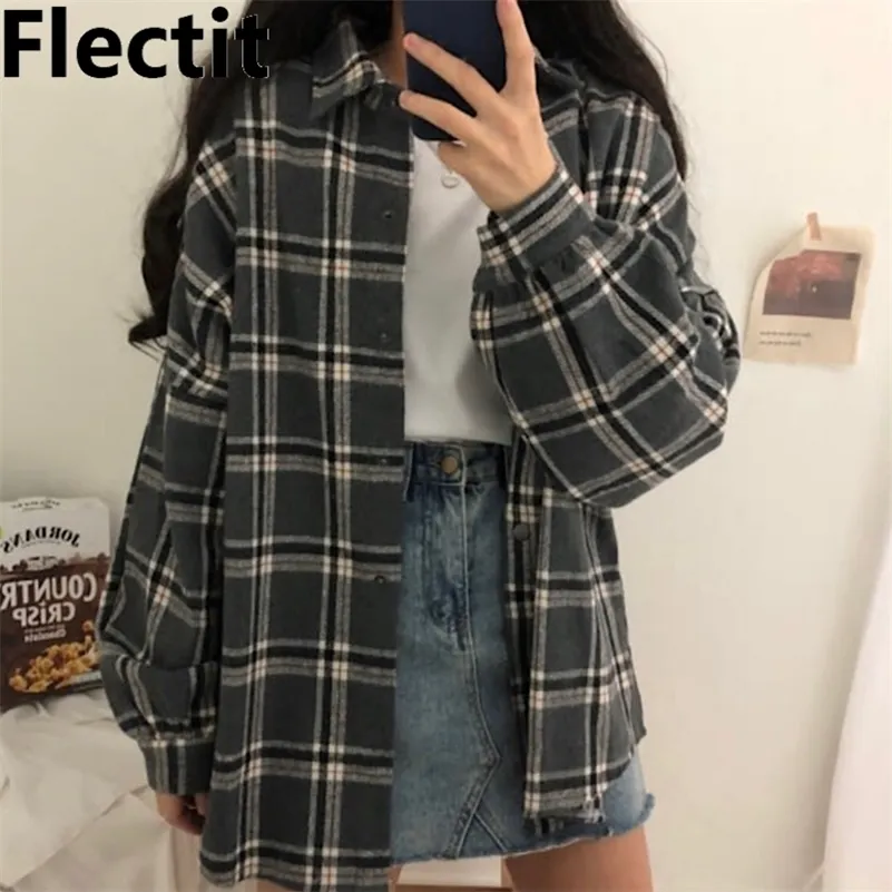 Flectit flannel camisa enorme manga comprida Boyfriend xadrez blusa queda cair blusas de inverno camisas * 210303