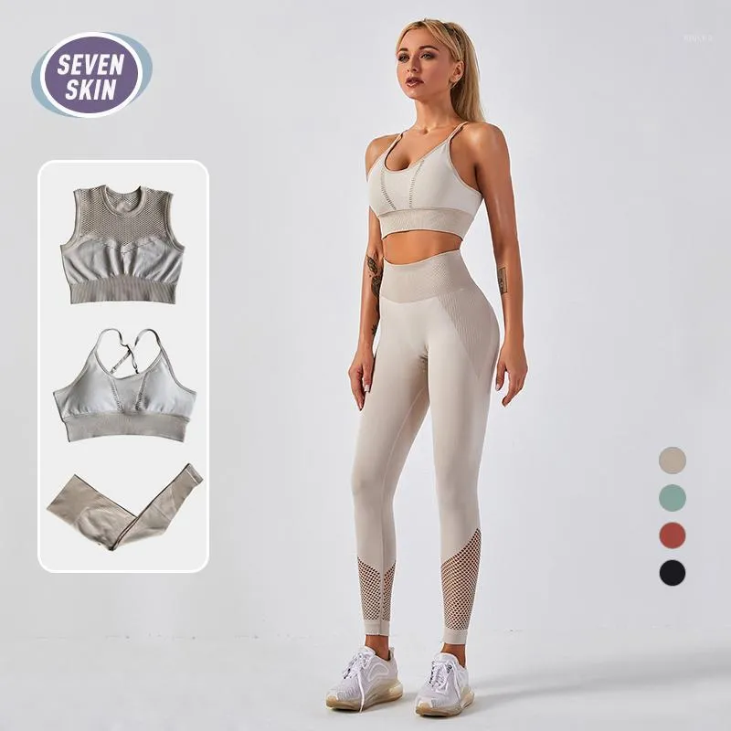 Yoga Outfit Seven Skin Seamless Set Kvinnors Ärmlös Grödor Topp Sport Bra Träning Leggings Aktiv Sportkläder Gym Fitness Presskläder Kläder