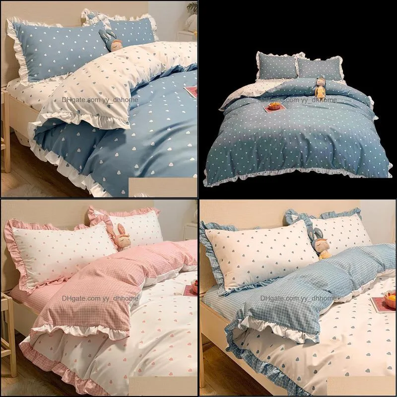 Bedding Sets Washed Cotton Four-piece Suit Princess Style Girl`s Heart Bed Sheet Quilt Cover Three-piece Set