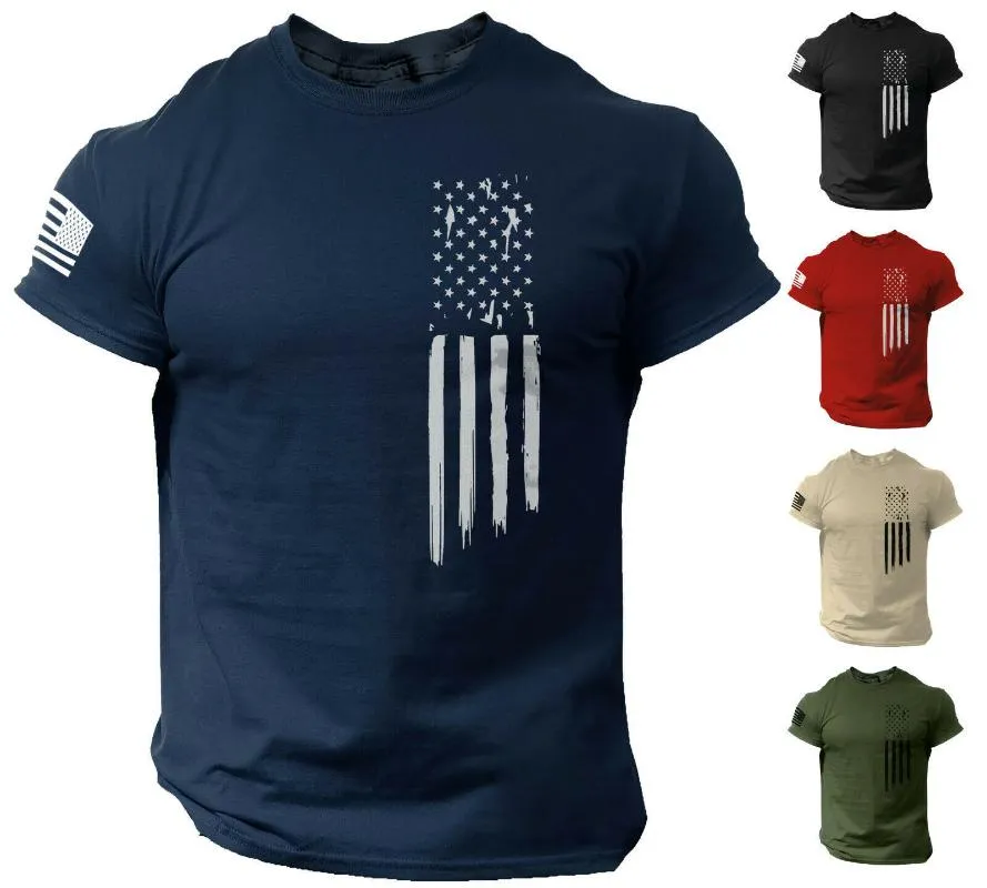 Erkek Tişörtleri Baskılı Tişört Amerikan Bayraklı O-Yaka Kısa Kollu Erkek