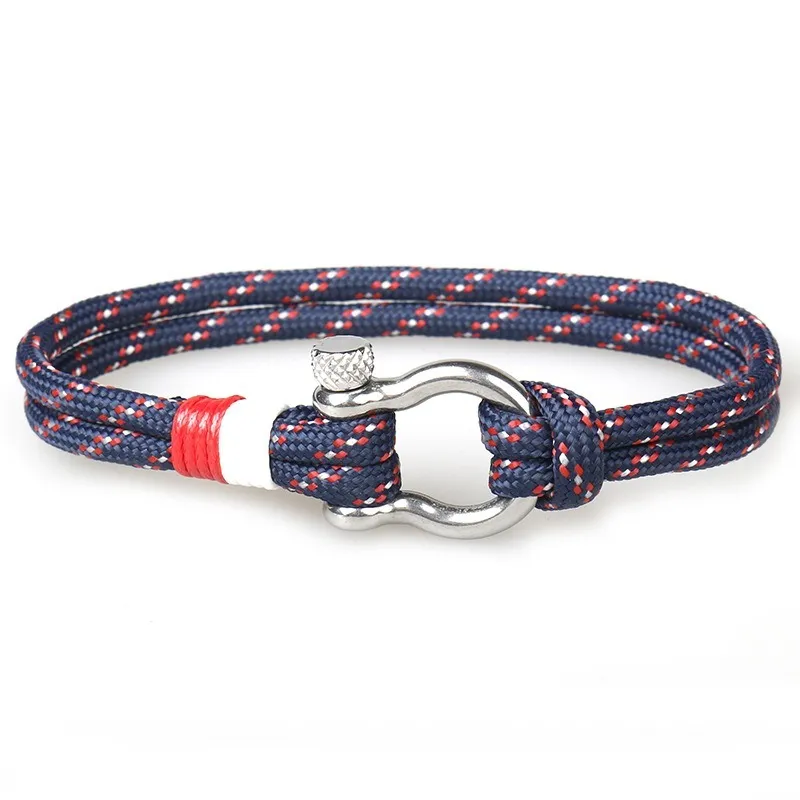 Bracciale rigido da uomo in corda di nylon colorato con ancoraggio in acciaio inossidabile con amo da pesca