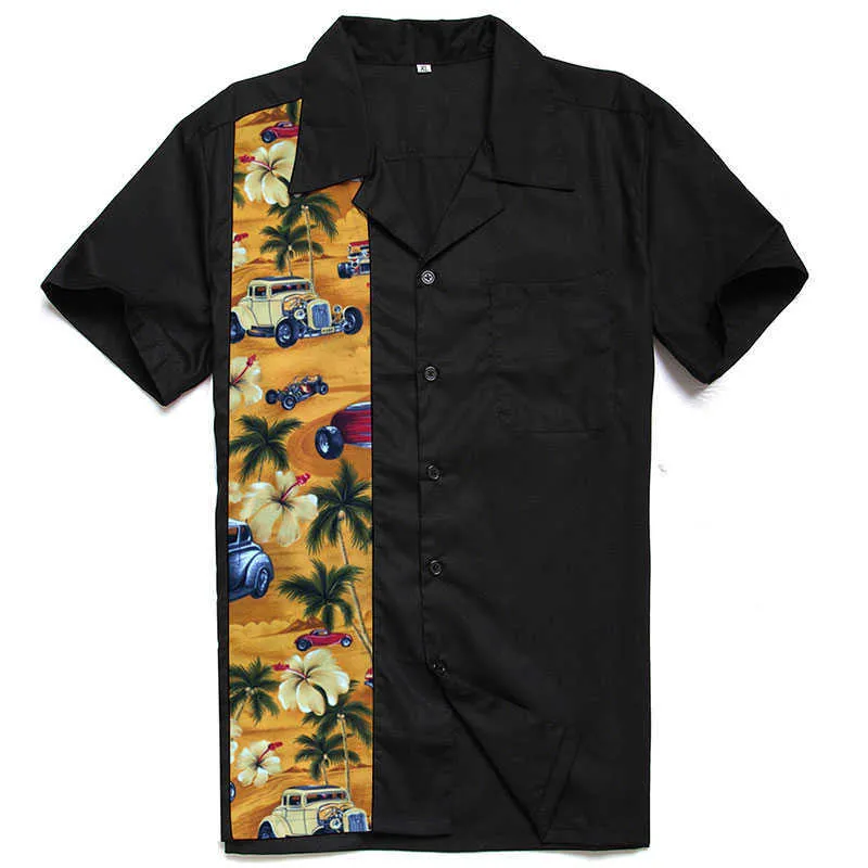 ロカビリーシャツ男性ビッグサイズブラウス男性ドレスポケットシャツ半袖メンズデザイナーモザイクシャツボタンダウンシャツ210527