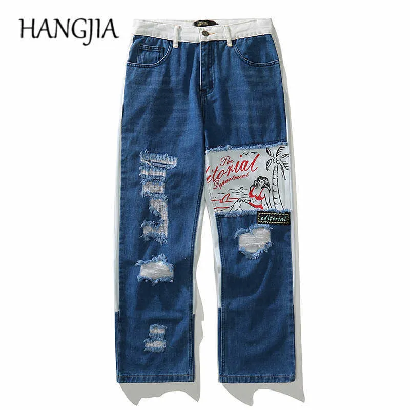 Streetwear Beach Beauty Jeans Men Blue Hip Hop Distressed Ripped Denim Jeans Washed Destroyed Patch Straight Denim Trousers C0607