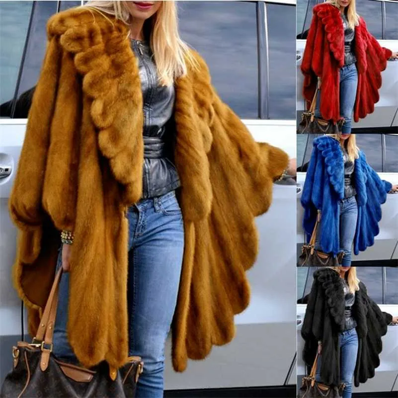 Faux Fur Kurtka Kobiety swobodny luźne swetra ciepła ciepła warstwa stała kolor długi elegancki damski płaszcz mody s-5xl 220118