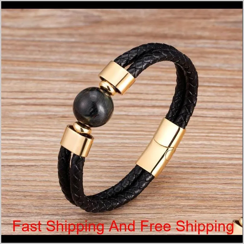 leather magnetic double genuine eye steel natural round men jewelry stone tiger bracelets stainless 2020 bracelet mens classic evihq