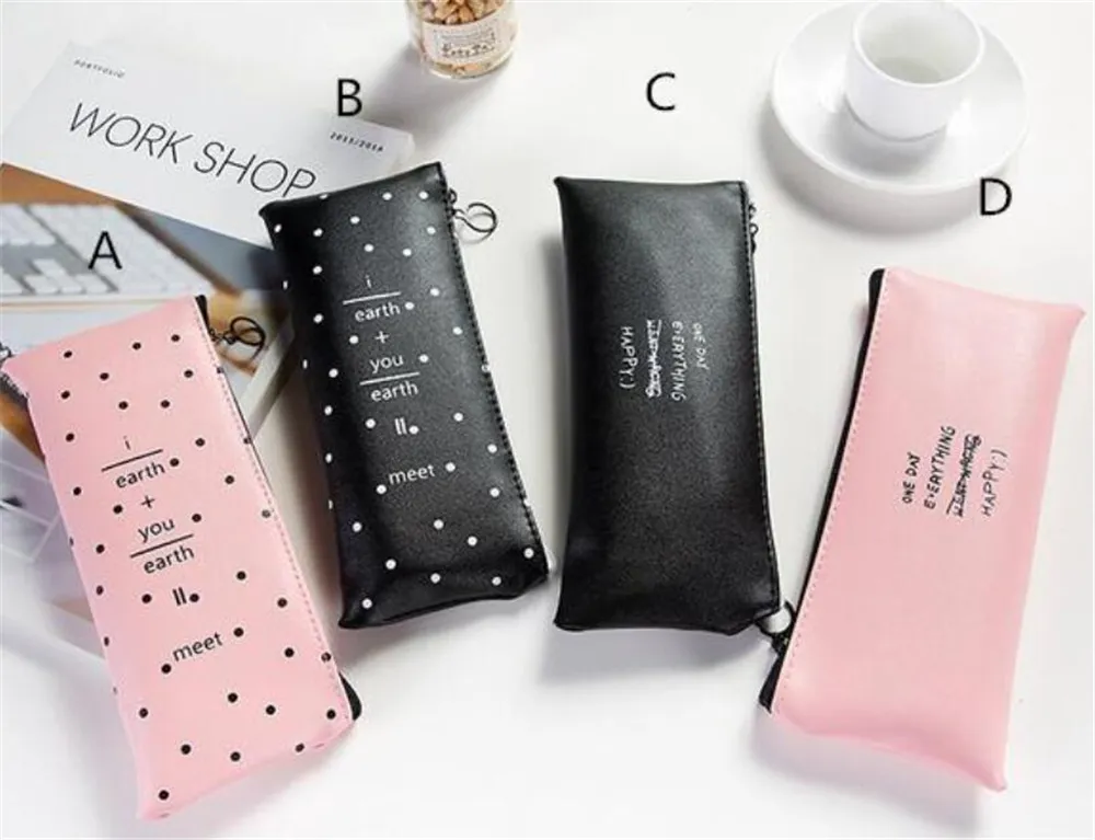 Home Popular Cute Pink pencil case for girls Kawaii Black white Dot Pu Leather Pen Bag Stationery Pouch Office School Supplies Zakka escolar XB1