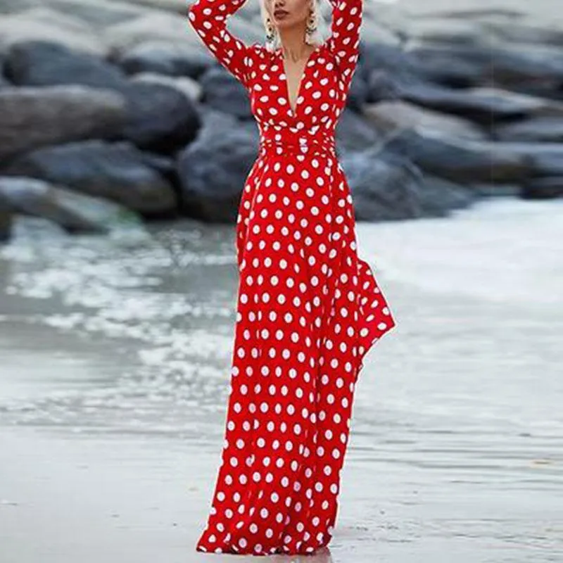chinese dress ladies Tied Polka Dot Long Sleeve Midi Dress