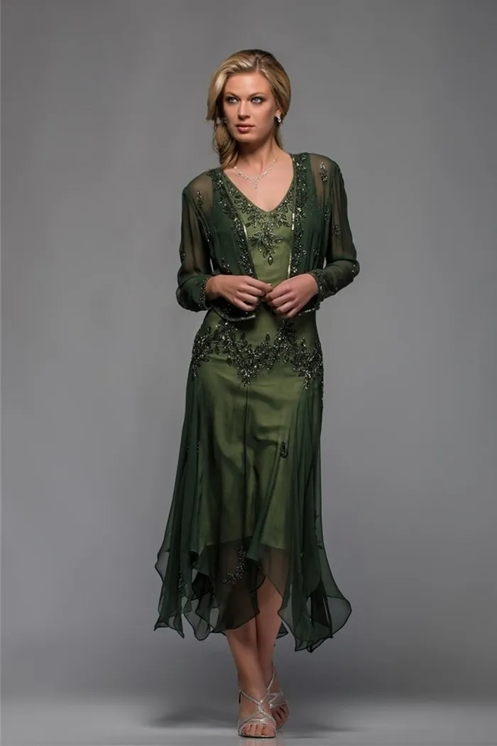 Modest Dress Lace Appliques and Beaded V Neck Tea Length Mother of The Bride Groom Dresses A Line Evening Gowns Plus Size261y
