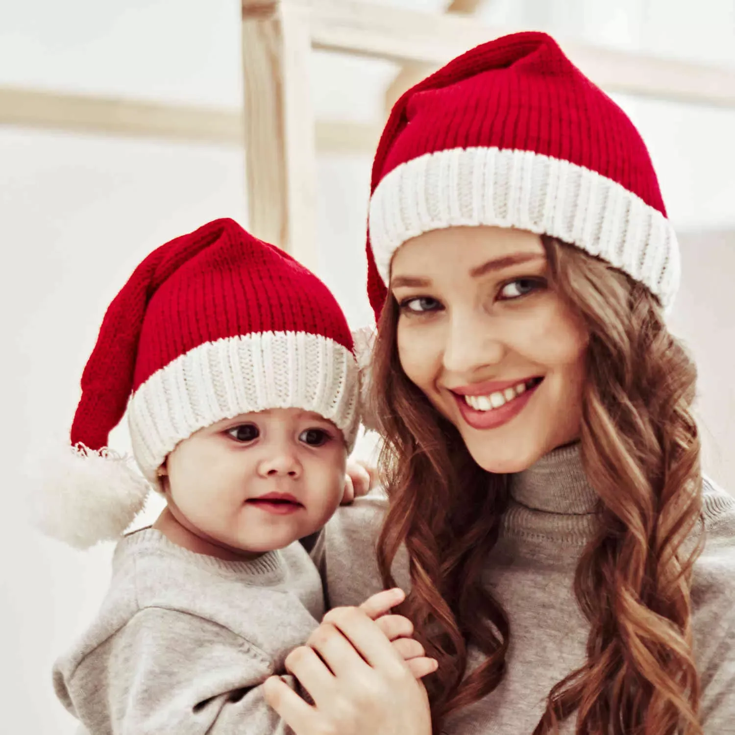 Christmas Parent-Child Warm Crochet Mom Bonnet Hat For Children Pompom Solid Color Kids Girl Boy Beanie Caps