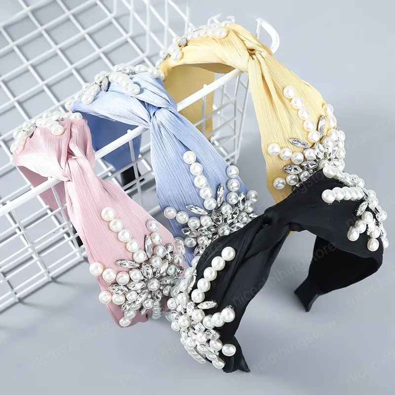 Mode Fabric Glass Rhinestone Imitation Pearl Flower Headband för Women Wide Side Knotted Head Hair Accessory