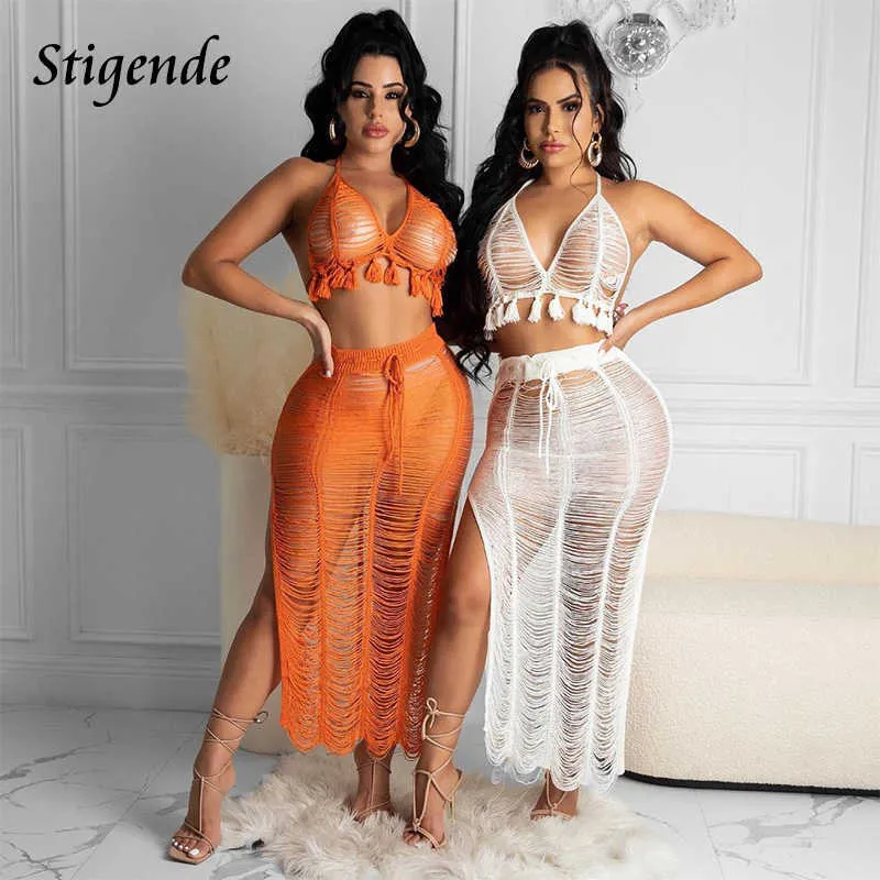 Stigende Dam Baddräkt Cover Up Kjol Virkad Stickad Sommar Tvådelad Set Hög Split Hollow Out Beach Wear Fringe Tofs BH Y0820