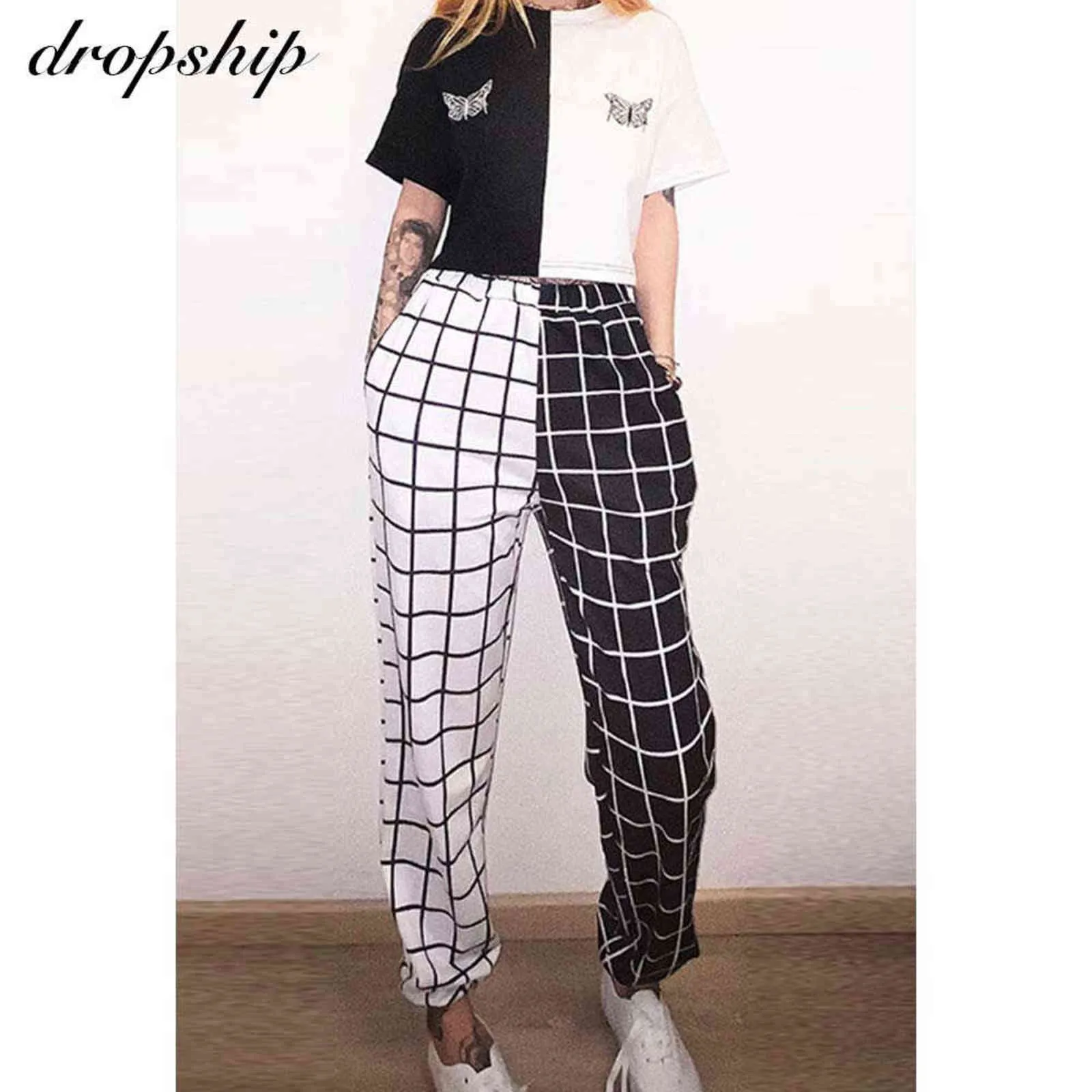 Printemps femmes élastique taille haute noir et blanc damier contraste couleur Cargo pantalon femmes Streetwear Long Plaid 211124