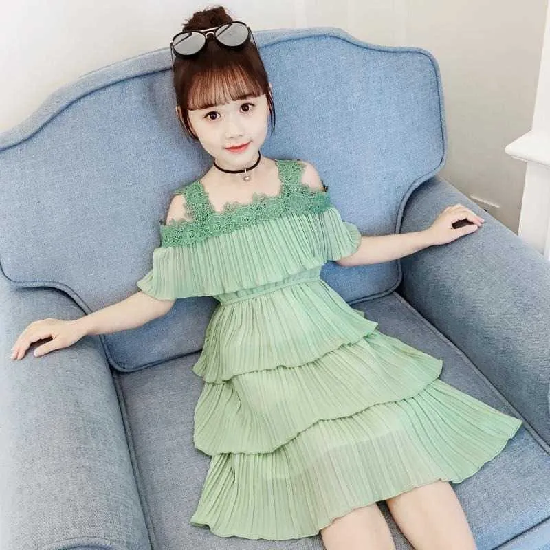 Summer Girls Knee Length Casual Dress Fashion Chiffon Layered Cute