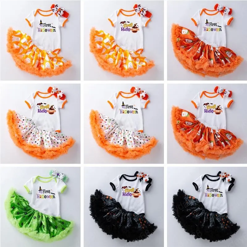 Completi di abbigliamento per bambini Completi per Halloween per bambina Top con pagliaccetto per bambini + stampa di fantasmi di zucca Tutu gonne di pizzo + Fascia per capelli 3 pezzi / set vestiti per bambini di moda estiva