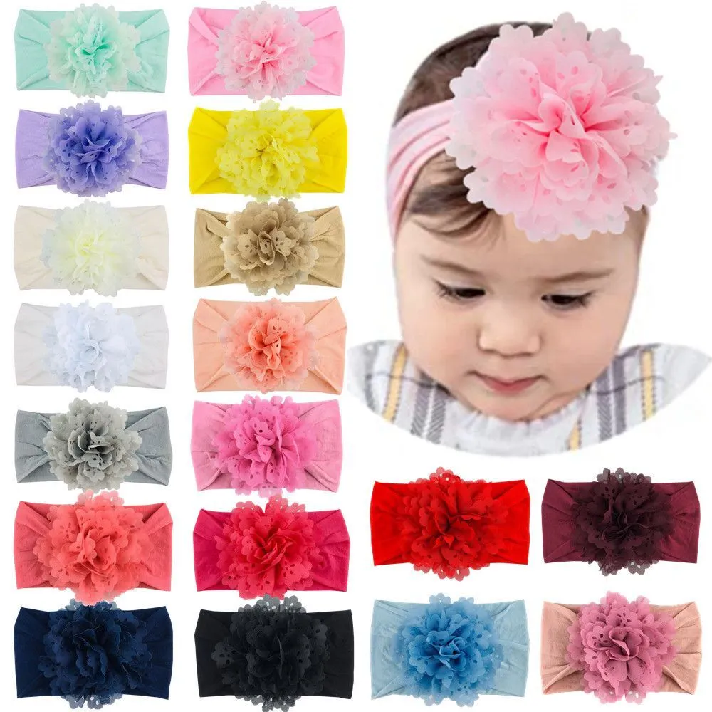 Bambina Chiffon Flower Fascia Turban Solido Colore Solido Neonato Elastico Capelli Bands Flower Nylon Fascia per capelli Accessori per capelli