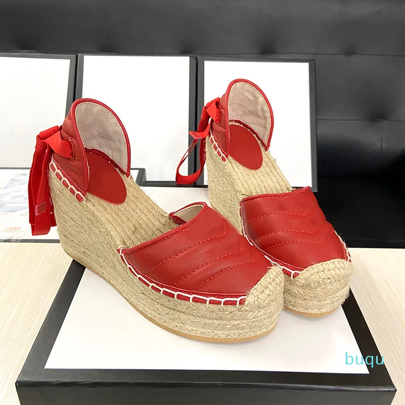 Mode femmes chaussures habillées compensées en cuir à lacets semelle tissée 9.5 cm talons hauts décontracté plate-forme pompes chaussures de pêcheur