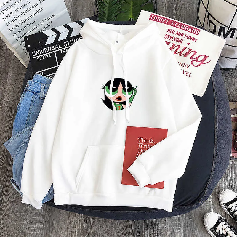 Осенне-зимний новый карамельный цвет Powerpuff Girls Buttercup Hoodie INS поставка X0629