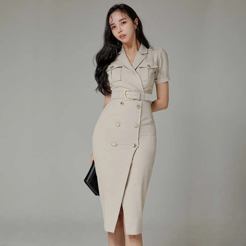 Sexy Office Tight Dress Korean Ladies Summer Short Sleeve Notchced